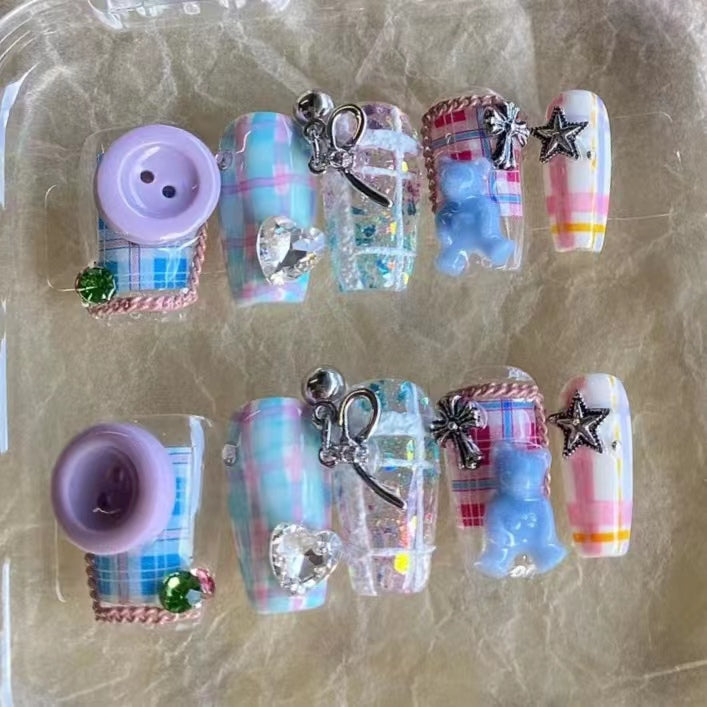 Purple blue button nails, long nails, short nails
