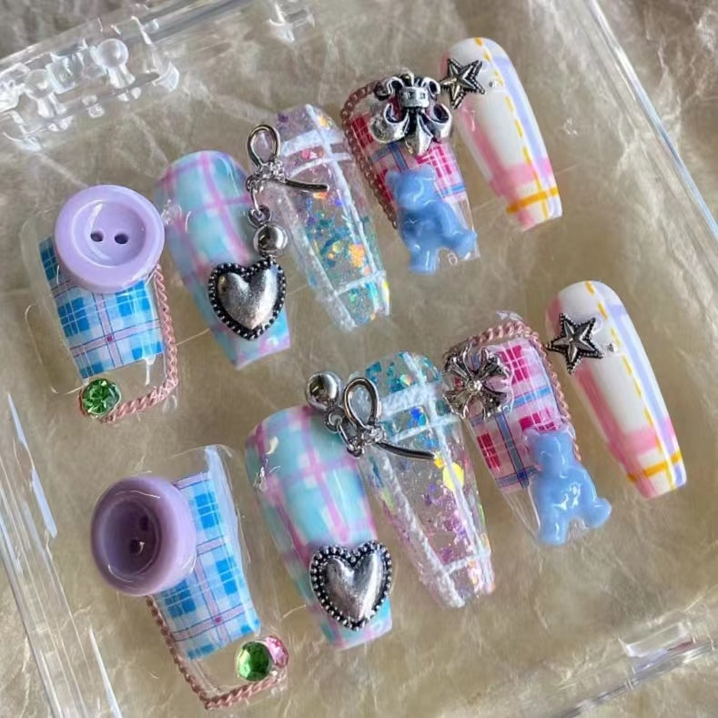 Purple blue button nails, long nails, short nails