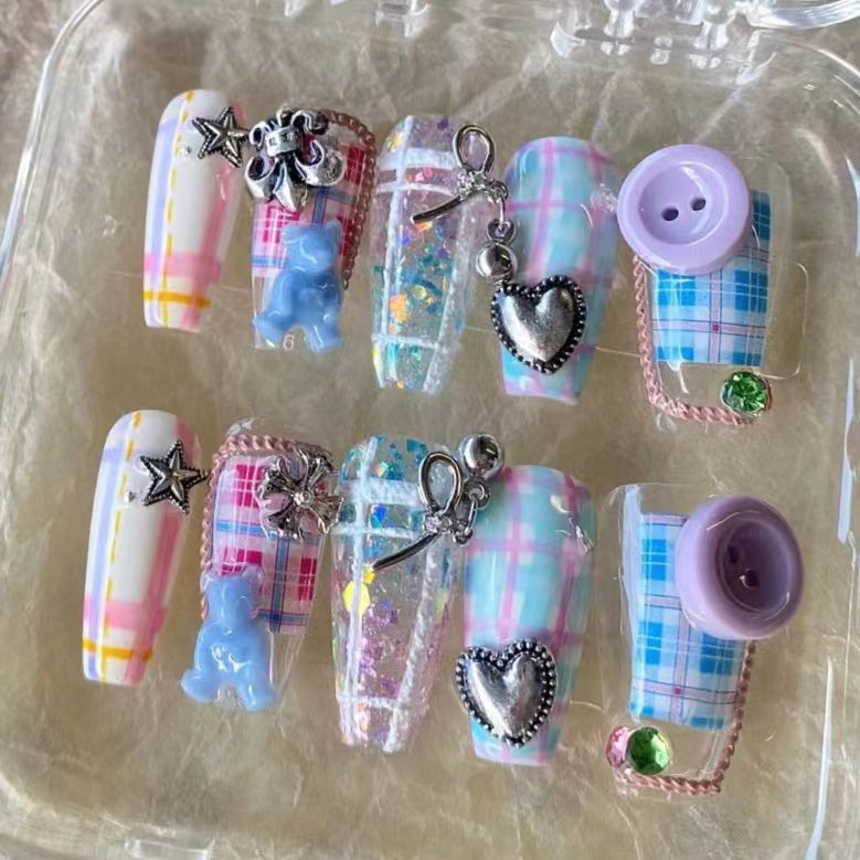 Purple blue button nails, long nails, short nails