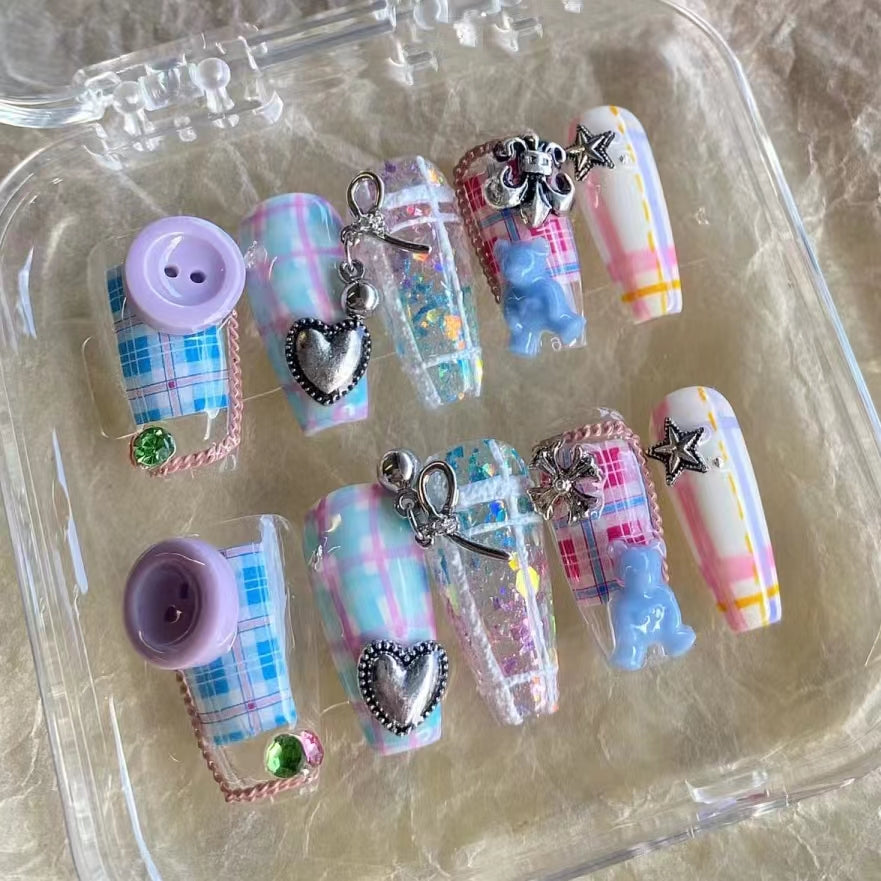 Purple blue button nails, long nails, short nails