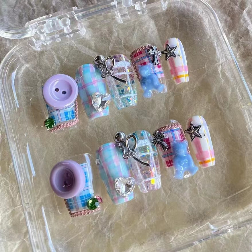 Purple blue button nails, long nails, short nails