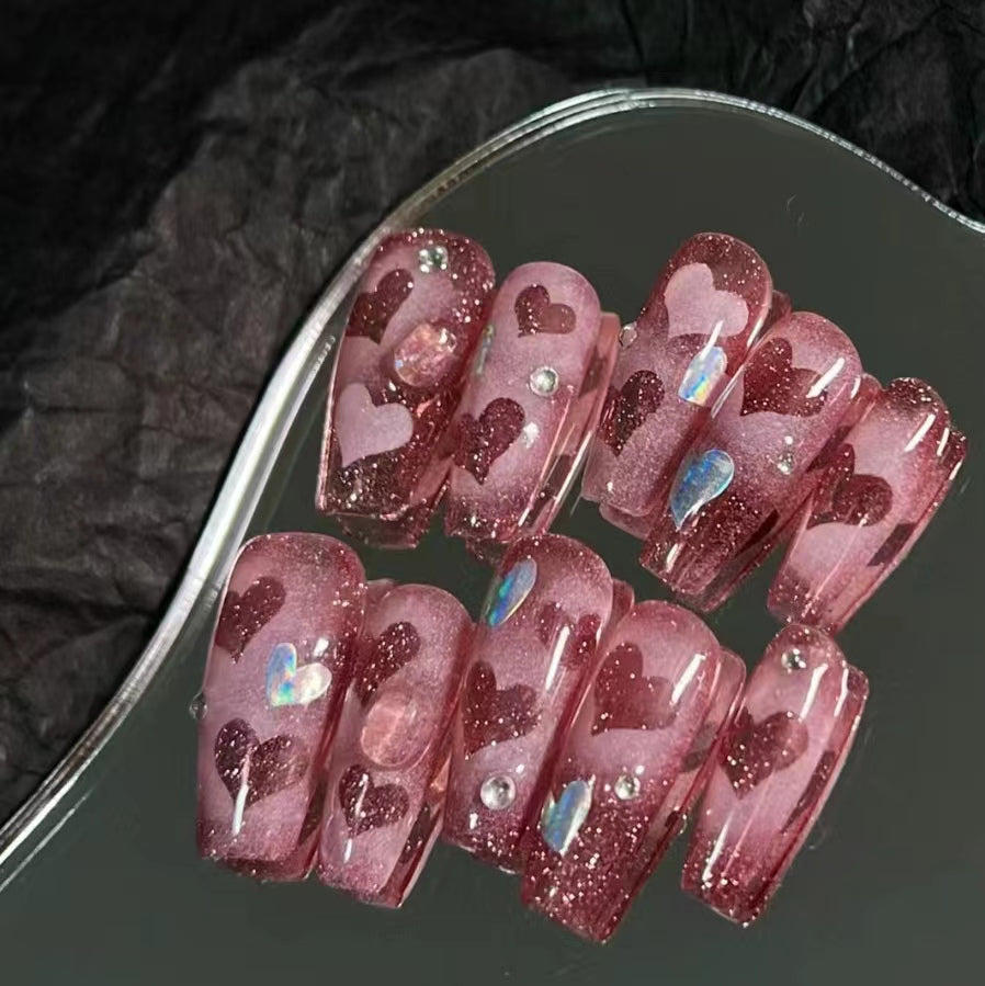 Sweetheart girl Nail art, pink, sparkling, starry, peach, love, romantic, and minimalist elements