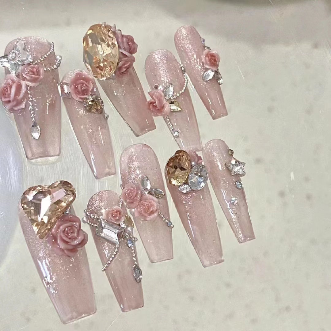 Customized Wearing Nail with Two Color Carved Rose Versatile Naked Color Nail Enhancement