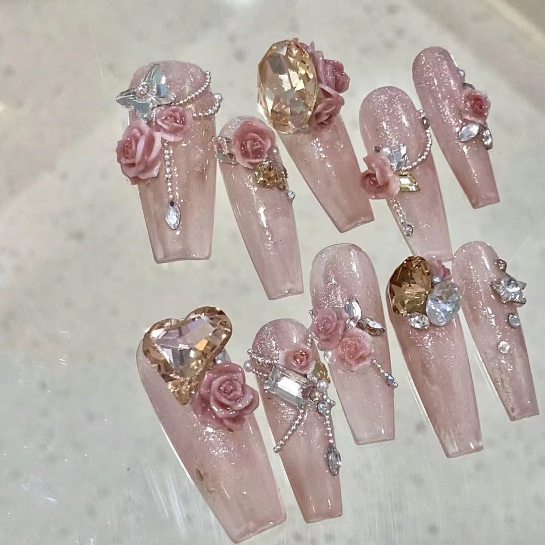 Customized Wearing Nail with Two Color Carved Rose Versatile Naked Color Nail Enhancement