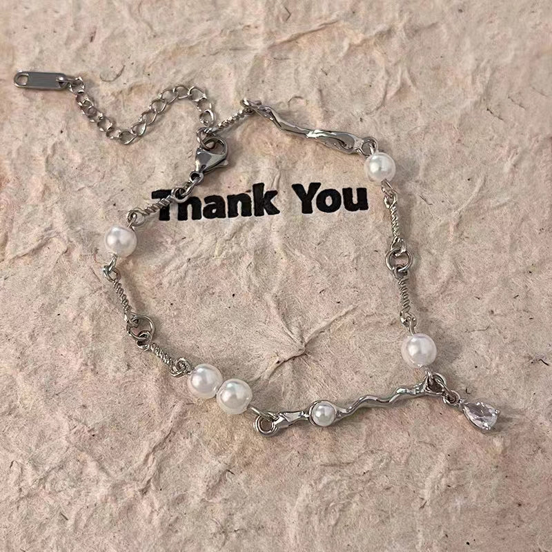 Wave pleated pink diamond bow pearl necklace women's ins sweet and spicy Y2K niche design collarbone chain