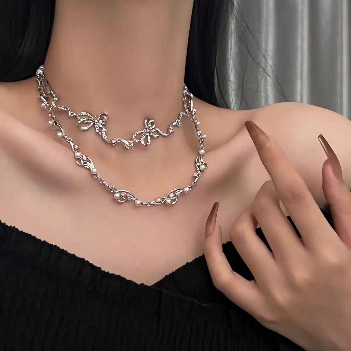 wrinkled pink diamond bow pearl necklace for women's ins sweet and spicy Y2K niche design collarbone chain