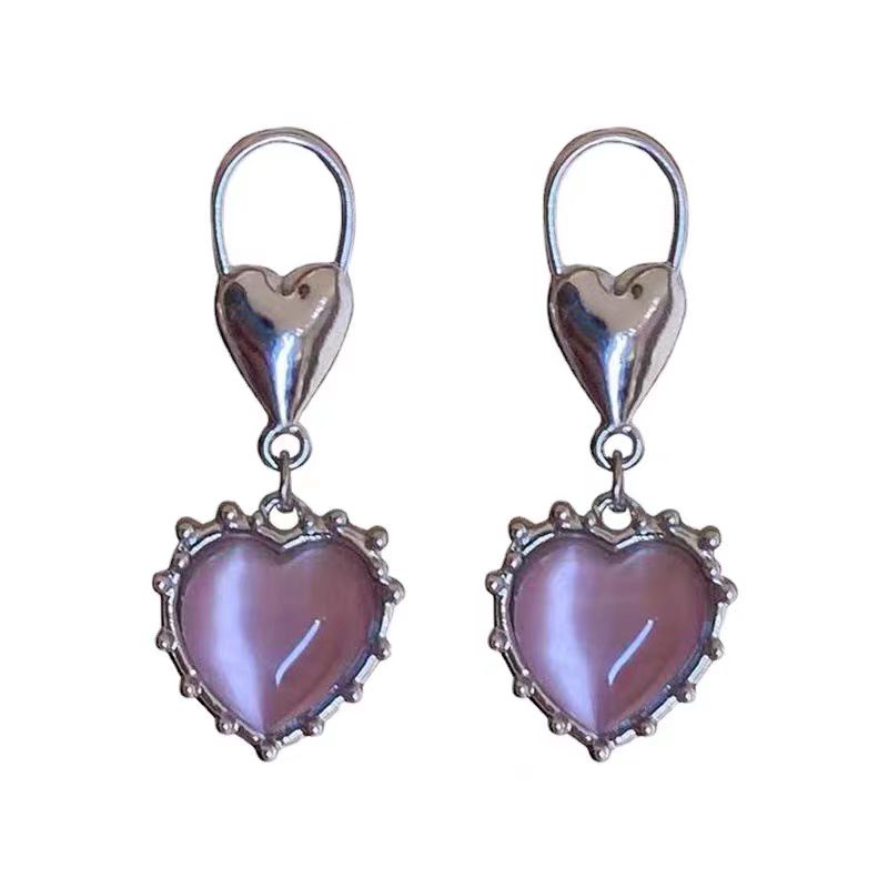 S925 Silver Needle Sweet Cool Pink Cat Eye Stone Love Earrings Simple and Personalized Versatile Style Fashion Earrings Earrings