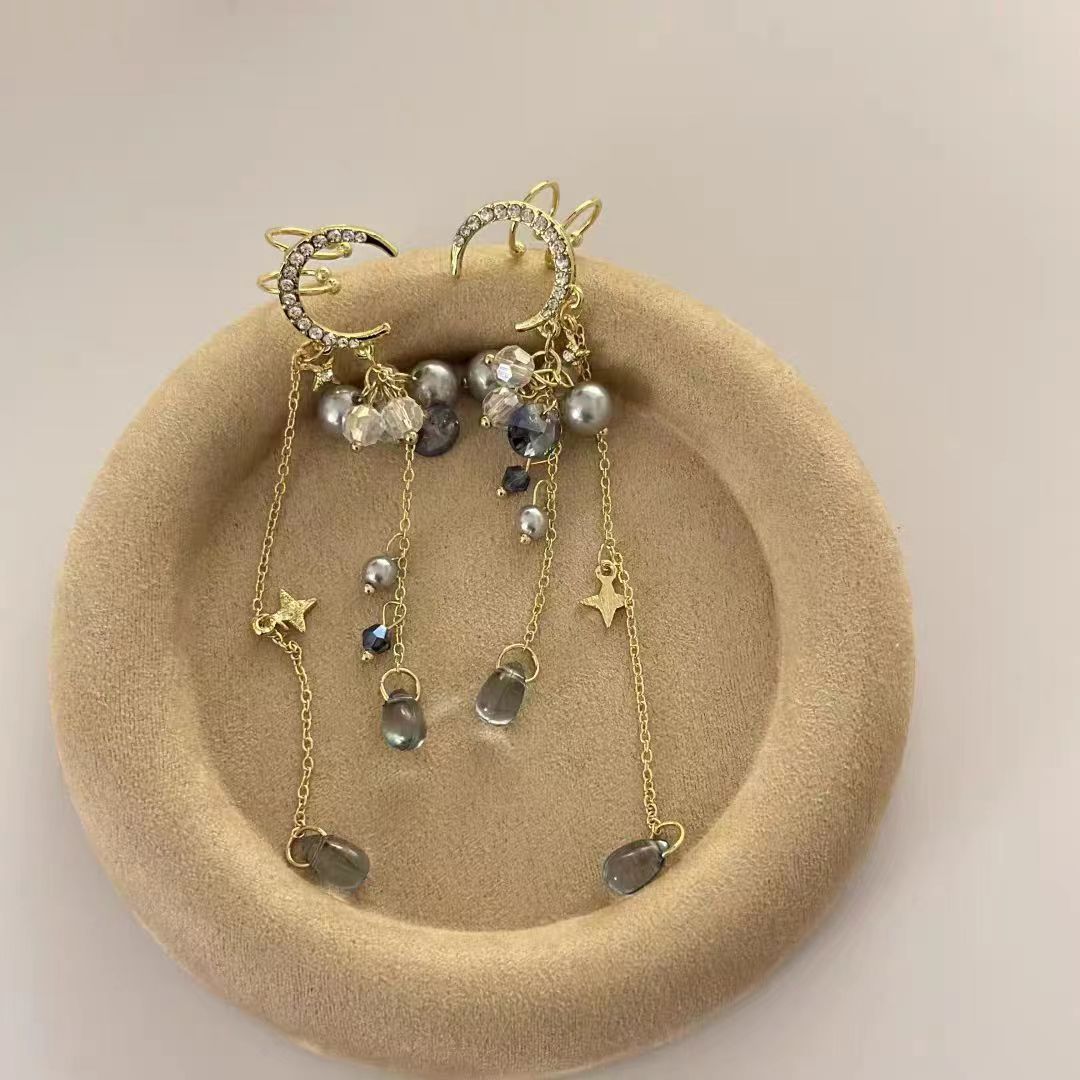 Super Immortal Elf French Moon Pearl tassels without ear holes Earbone clip, niche high-end temperament Earrings Earrings Earrings