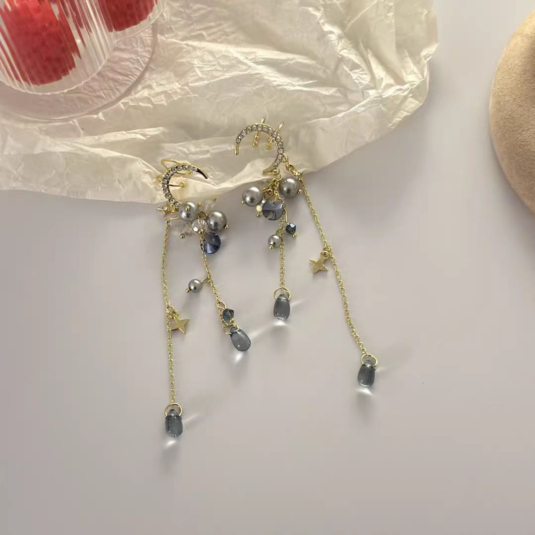 Super Immortal Elf French Moon Pearl tassels without ear holes Earbone clip, niche high-end temperament Earrings Earrings Earrings