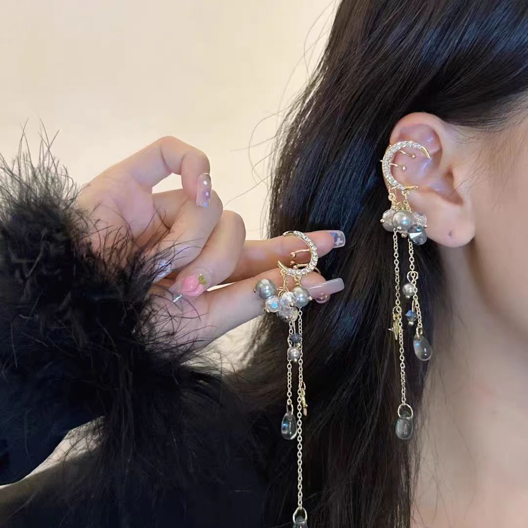 Super Immortal Elf French Moon Pearl tassels without ear holes Earbone clip, niche high-end temperament Earrings Earrings Earrings