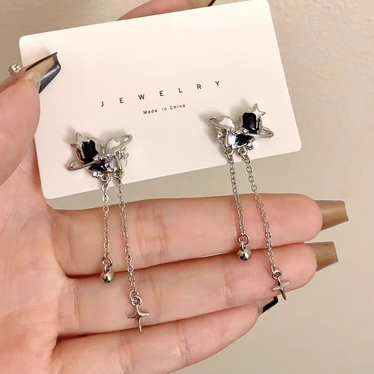 Original S925 Silver Needle Sweet Cool Color Contrasting Love Earrings for Women, Junior High end, Long Style Tassel Earrings 7216