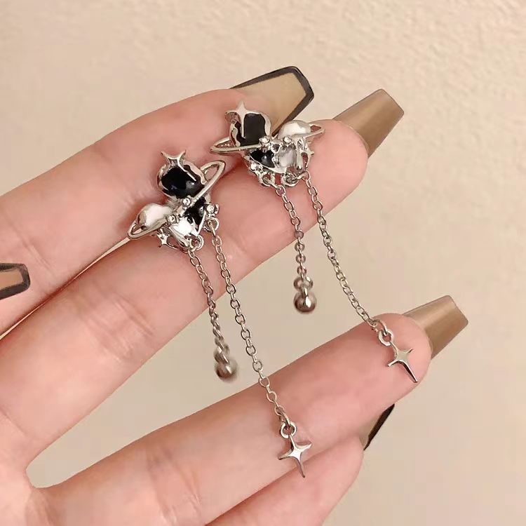 Original S925 Silver Needle Sweet Cool Color Contrasting Love Earrings for Women, Junior High end, Long Style Tassel Earrings 7216