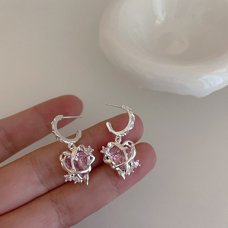Irregular matte metal pink zircon love earrings women's niche design personalized versatile earrings