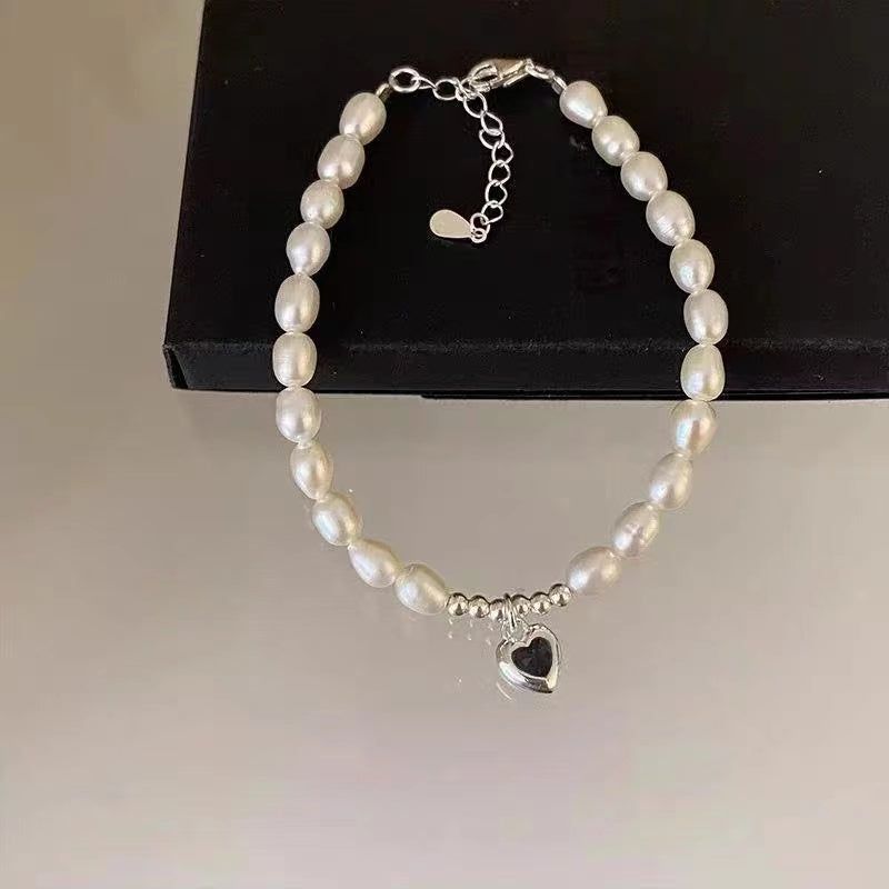 Handmade 925 sterling silver natural pearl bracelet women's zircon love niche design temperament versatile Internet celebrity trend