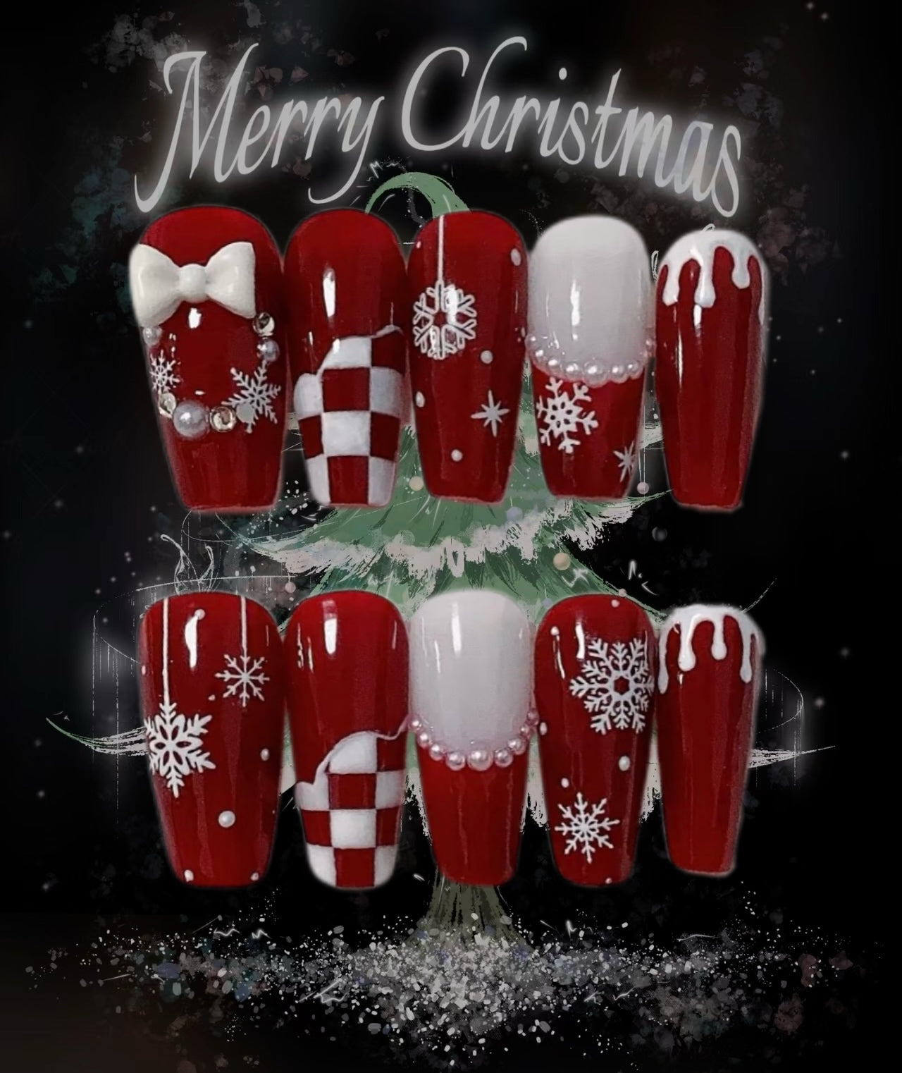 Red bow snowflake Christmas nails