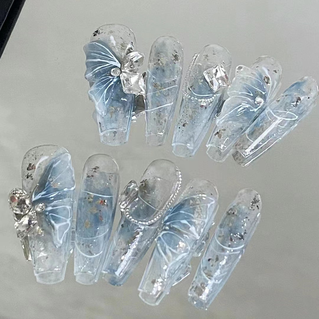 Blue Jade Butterfly Nail Art Ice Sand Super Sparkling Immortal Spirit Nail Art Pure Handmade