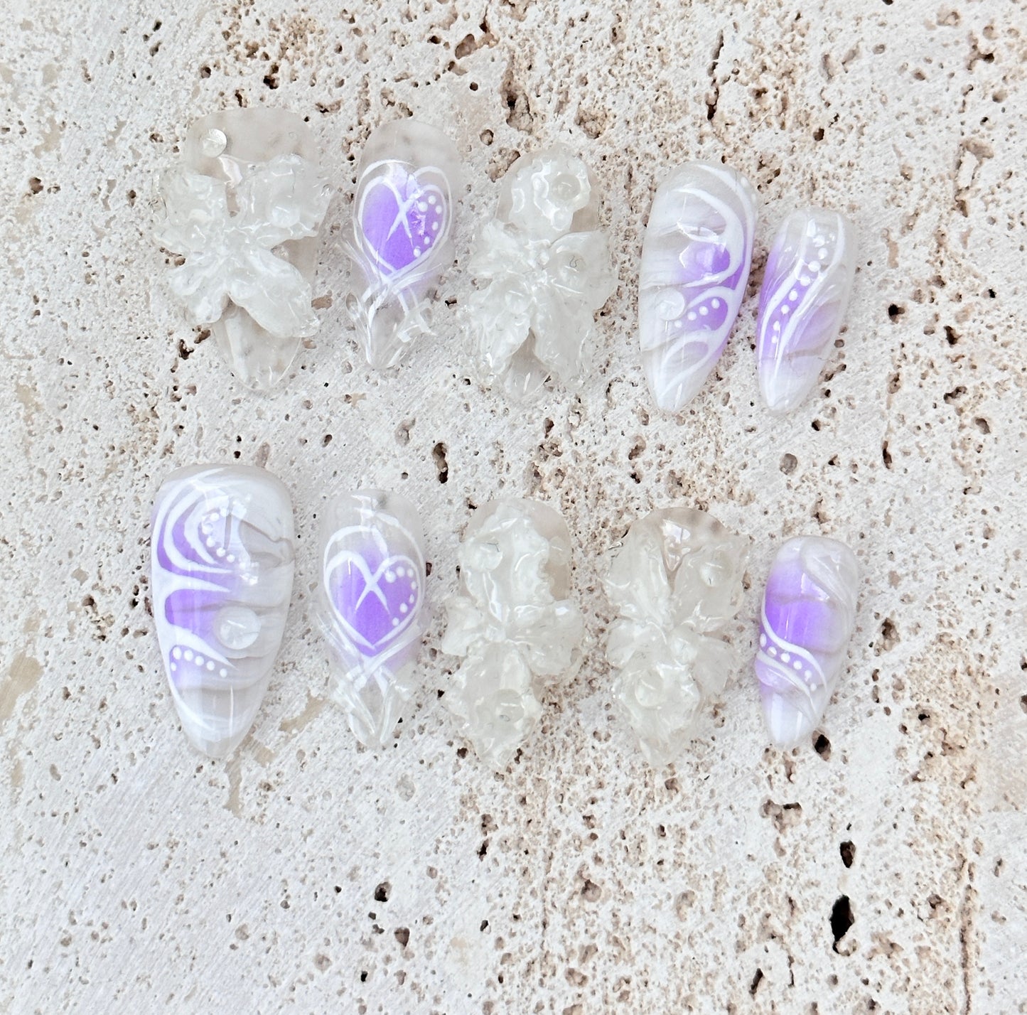 Ethereal 3D Floral Nail Set with Lavender Accents