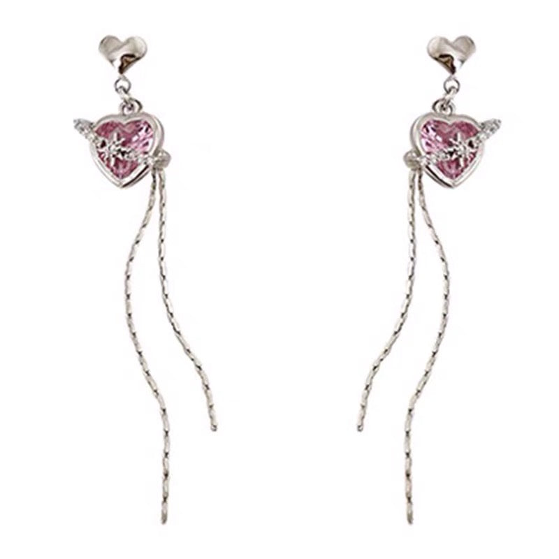Sweet temperament pink love long tassel stud earrings women's light luxury ins high-end fashion personality versatile earrings