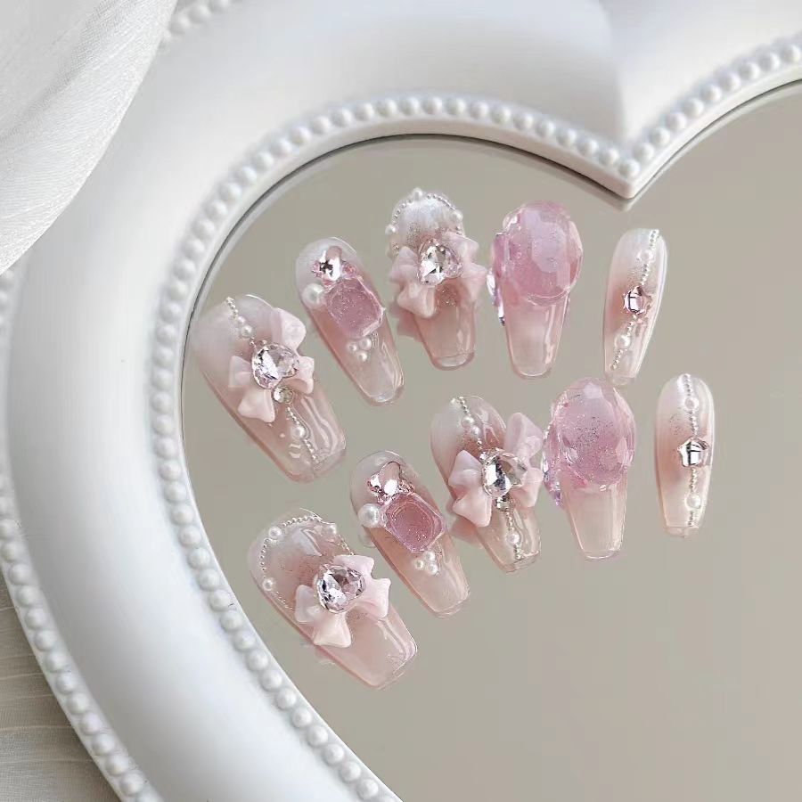 Strawberry crystal | pure hand wear armour steel ball pearl pink powder blusher nail girly bow bottom through diamond flash