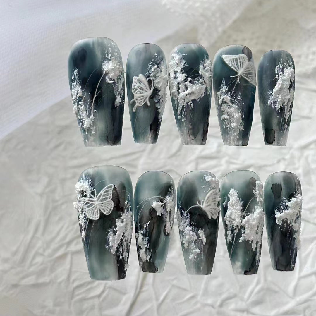 Handmade wearing armor Y2K silver white three-dimensional hand drawn silver chain nail art