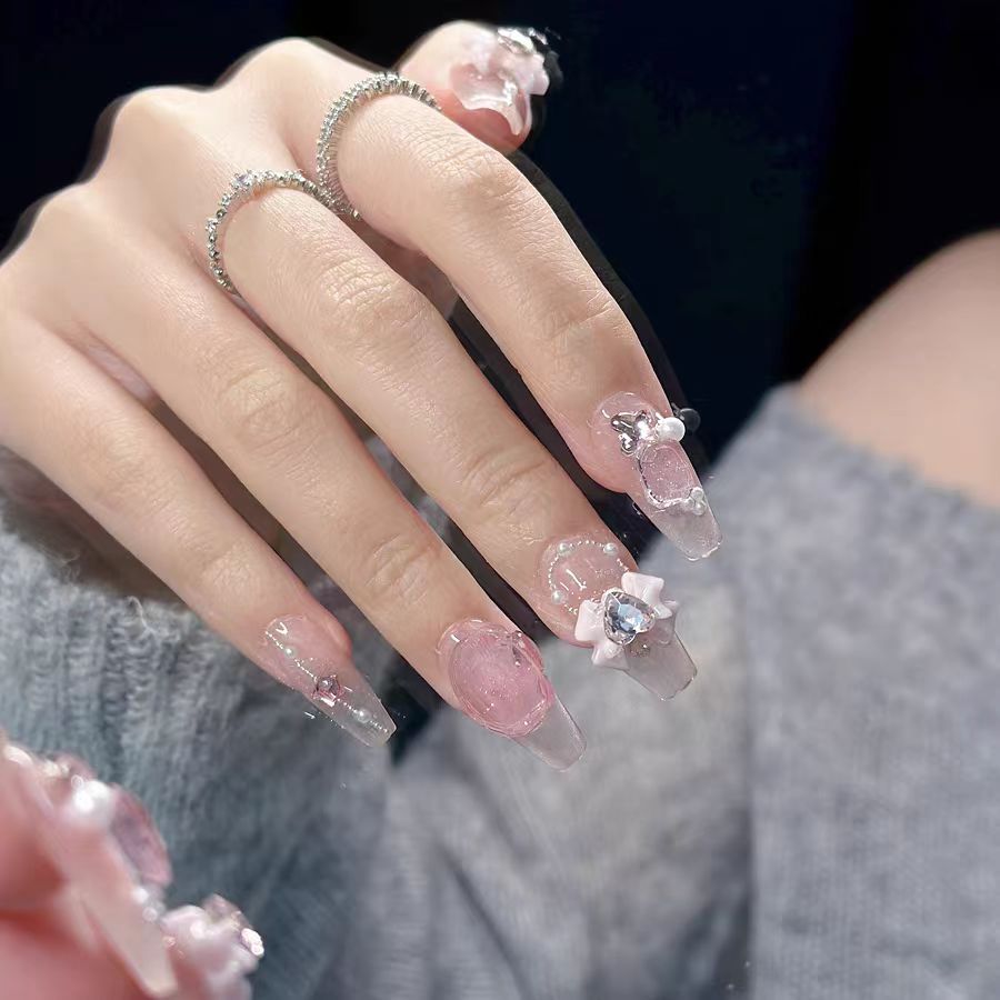 Strawberry crystal | pure hand wear armour steel ball pearl pink powder blusher nail girly bow bottom through diamond flash