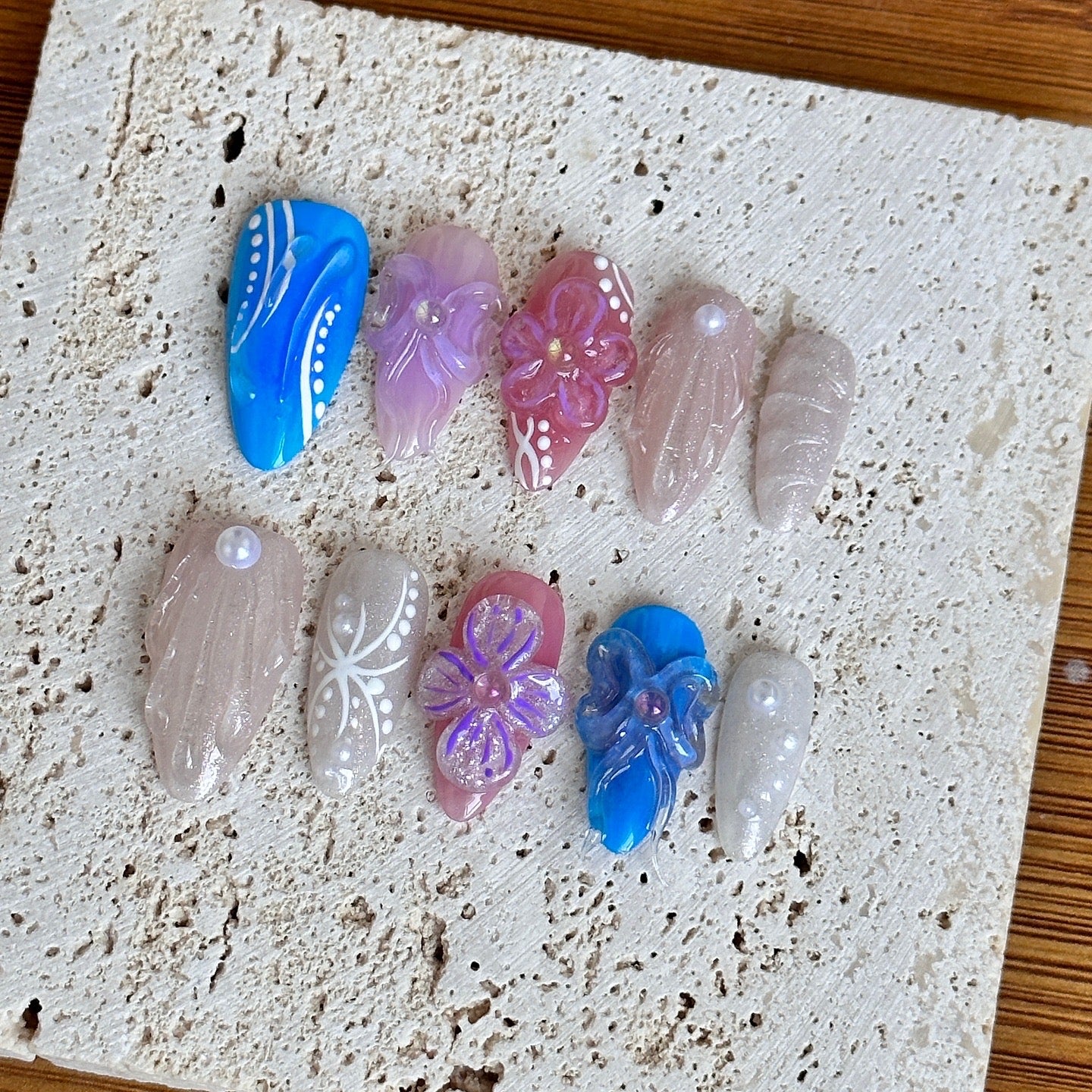 Vibrant 3D Floral and Pearl Press-On Nails