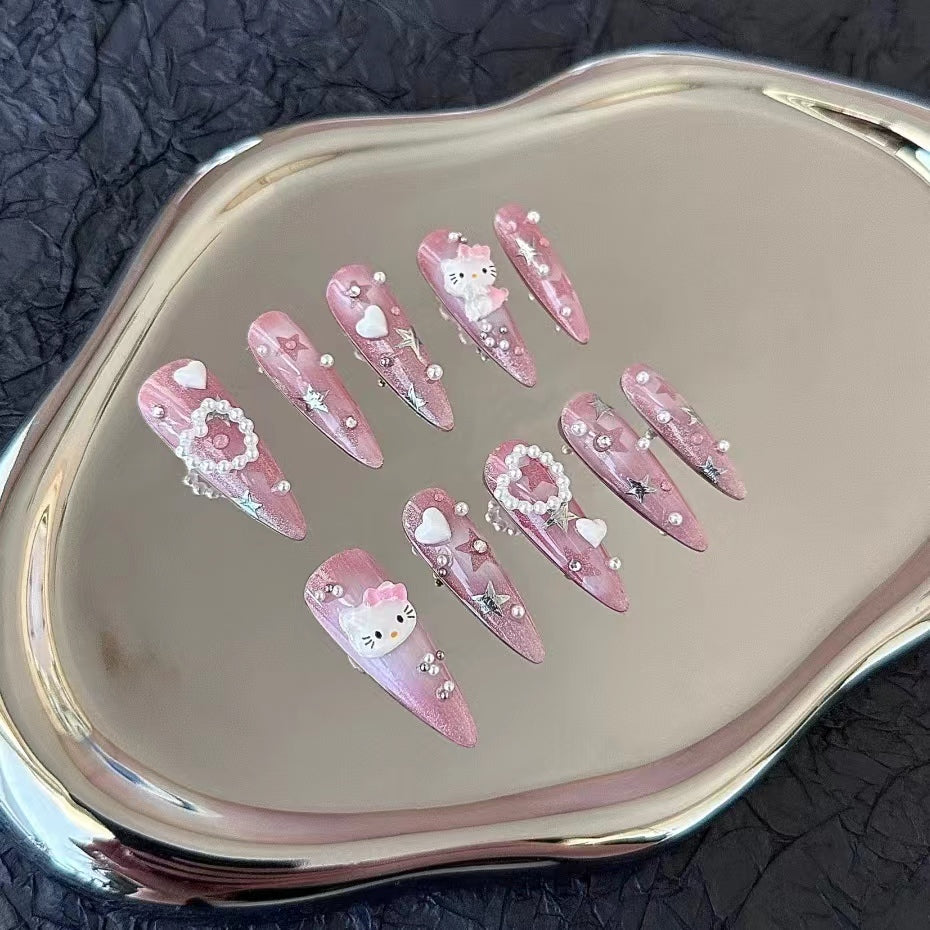 European and American hot girls powder blusher kitty rhinestone k9 diamond handmade customized nail