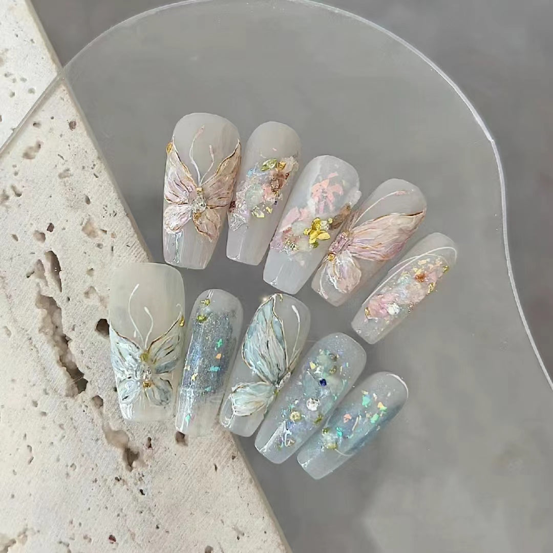 Blue pink nail butterfly sticker 2024 new high-end dopamine 3D relief white liquid