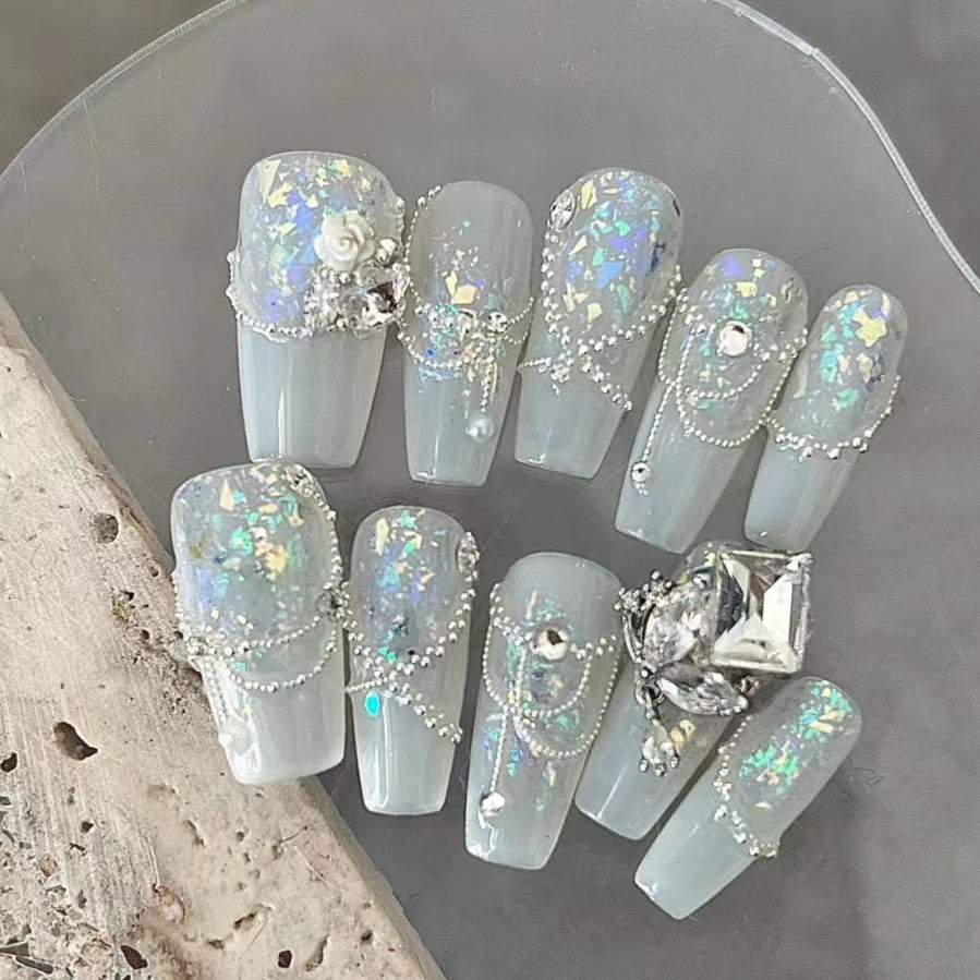 Handmade French style blue and white sugar pile diamond nail polish with detachable use