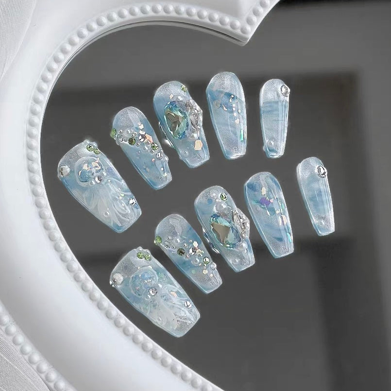 Dream Jellyfish | Pure Handmade Wearing Armor Blue Long Style Halo Dyed Sparkling Pearl Pigeon Egg Display White Hand Painted Explosive Sparkling