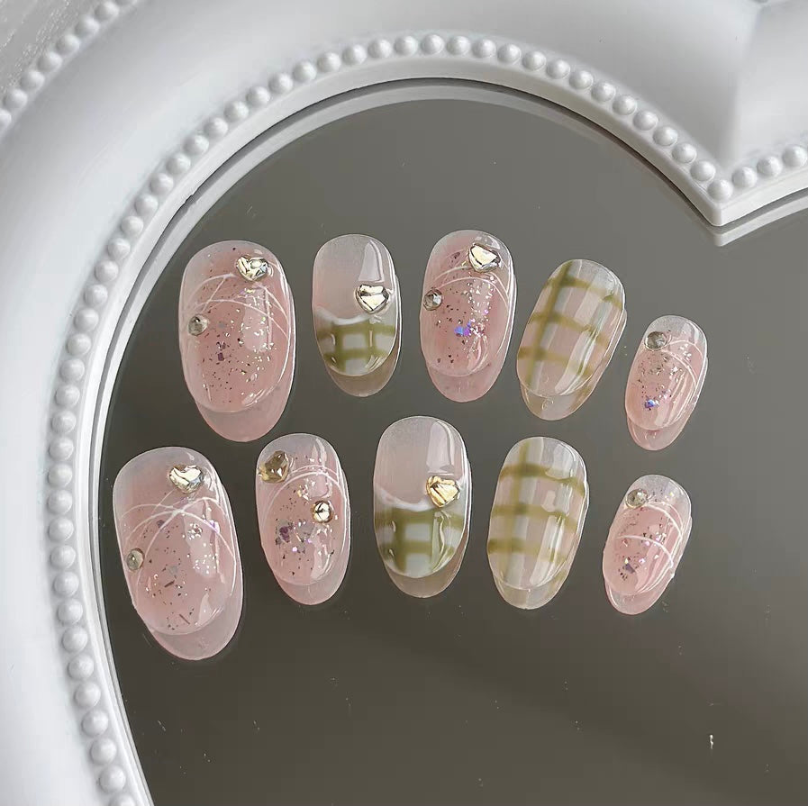 Watermelon Frozen | Handmade Wearing Armor Green Pink Checkerboard Love Water Diamond Small Fresh Oval Armor Short Style