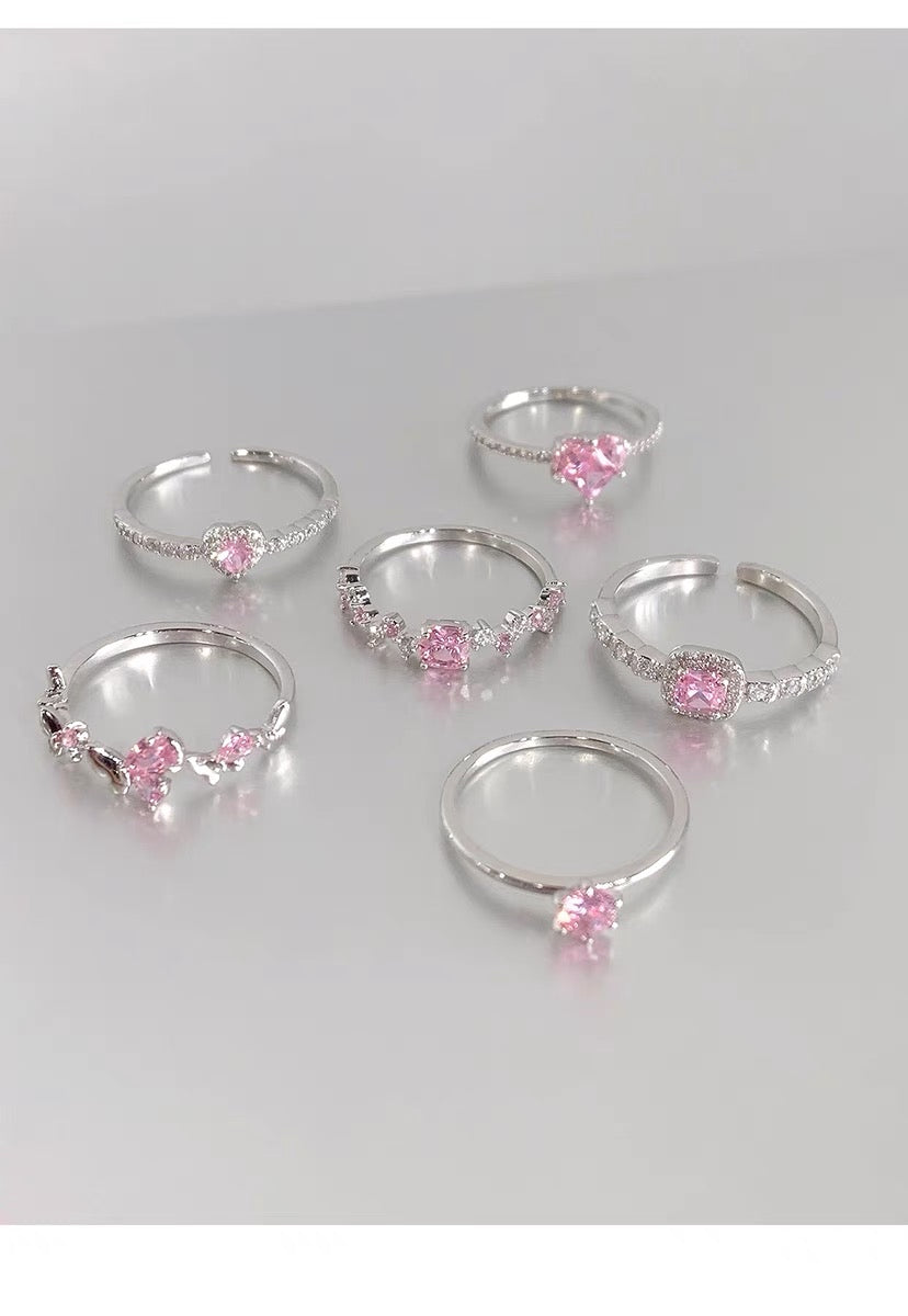 Cherry blossom pink ring six-piece set sweet flash diamond love gemstone butterfly ring