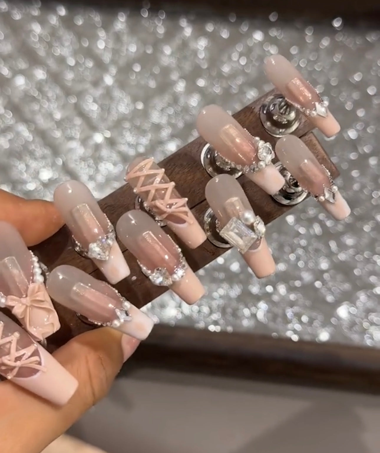Swarovski pink strap bow nails