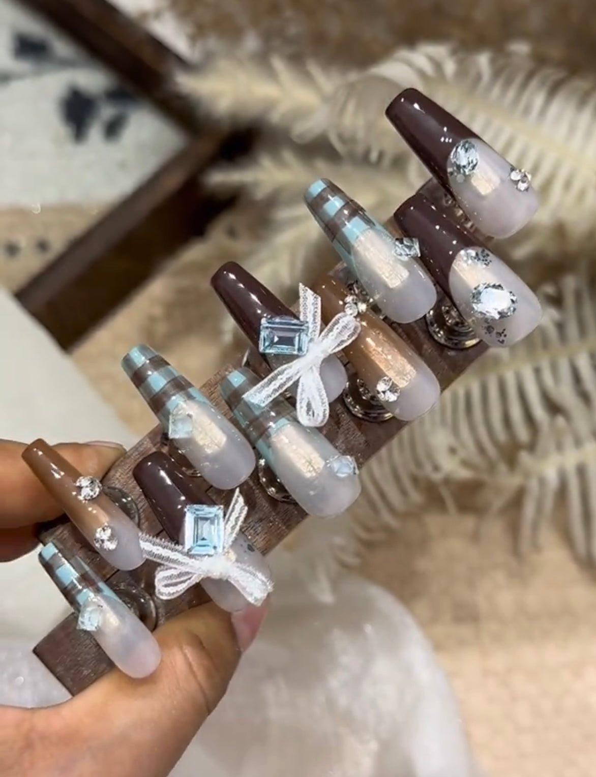 Ice blue brown plaid bow