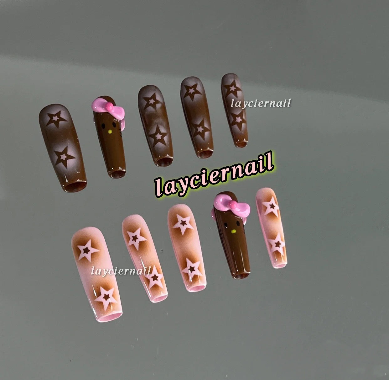 Brown and Pink Stars High Sense Nails
