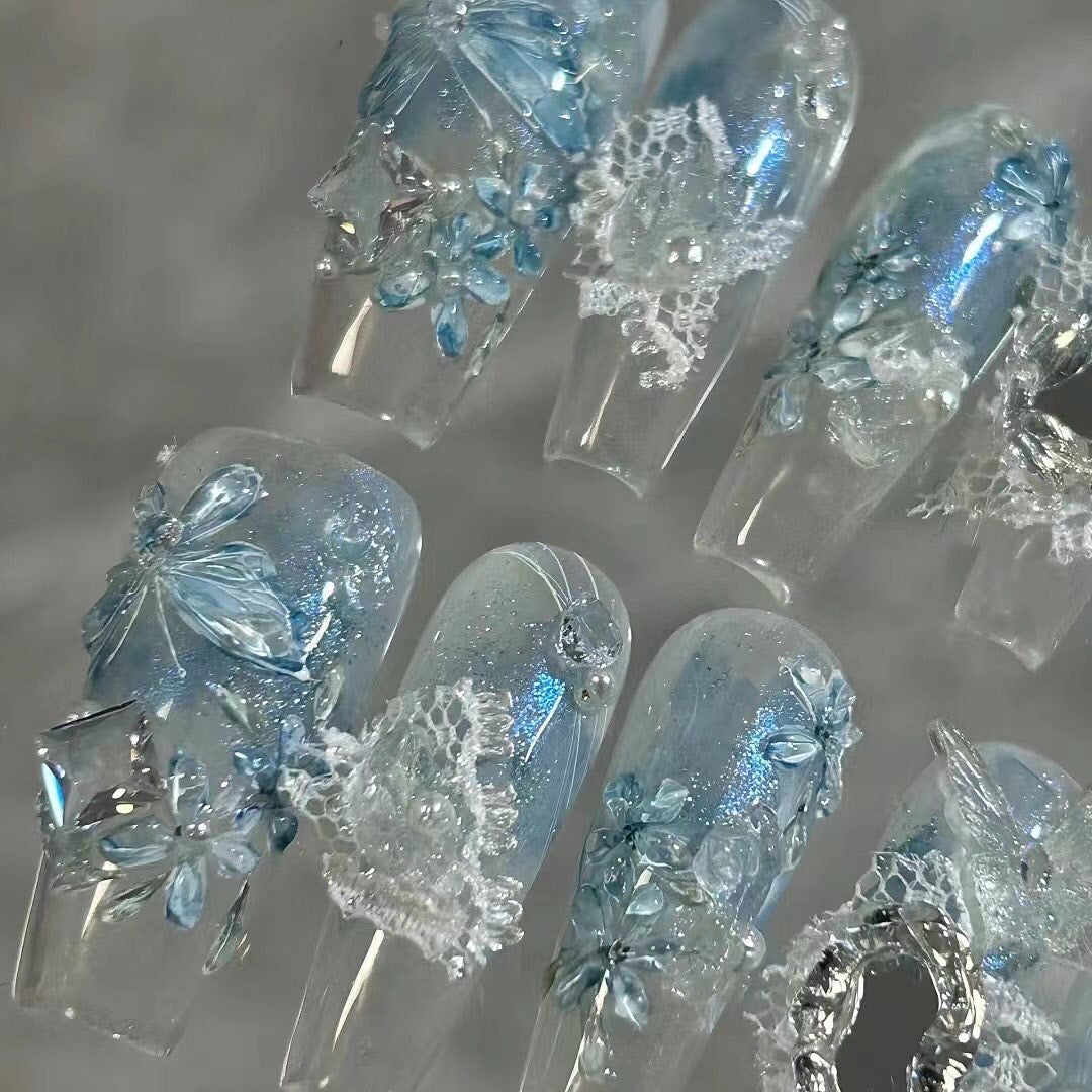 Blue ice butterfly flower cool nails