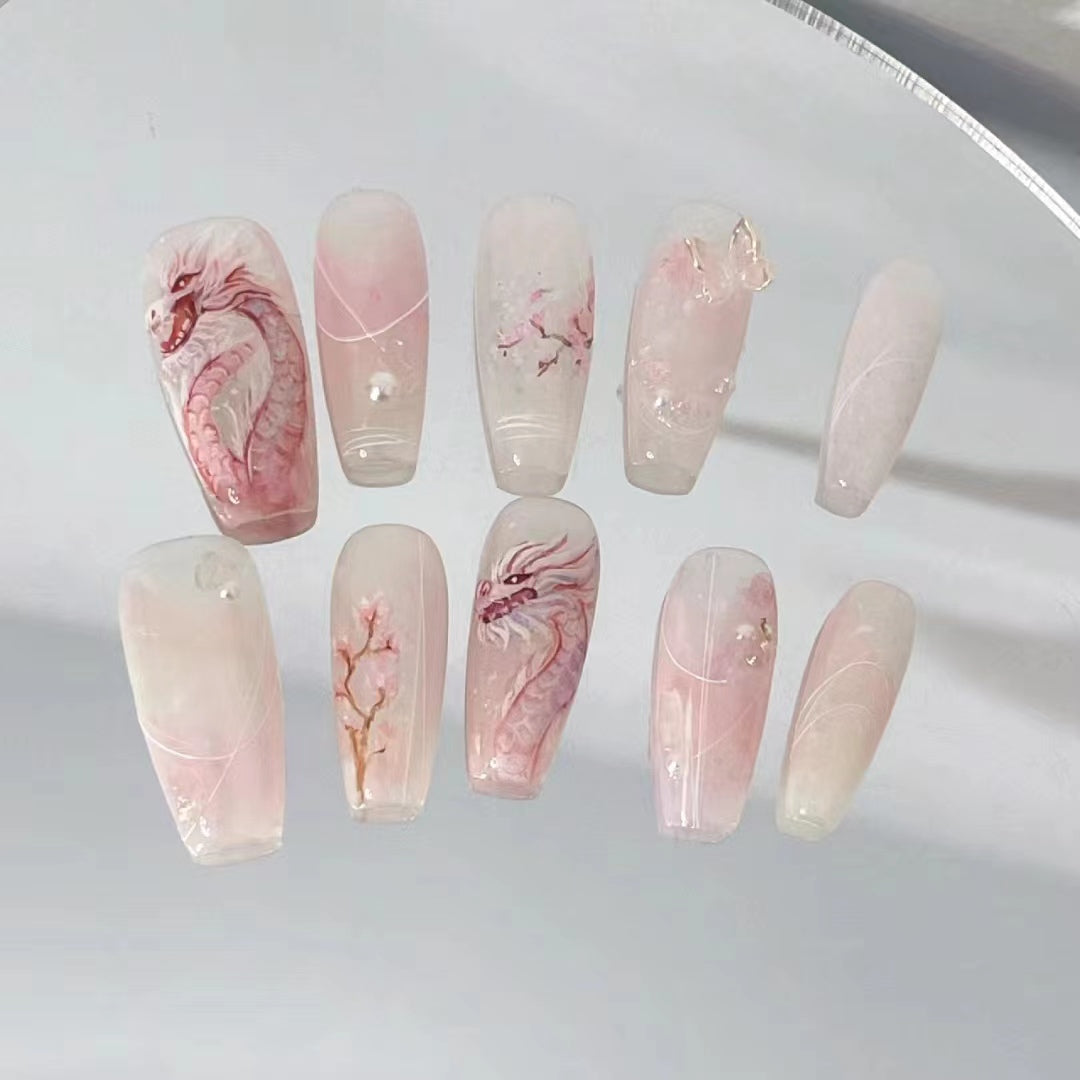 Customized Wearing Armor 2024 New Dragon Year Painted Pink Dragon New Year Nail