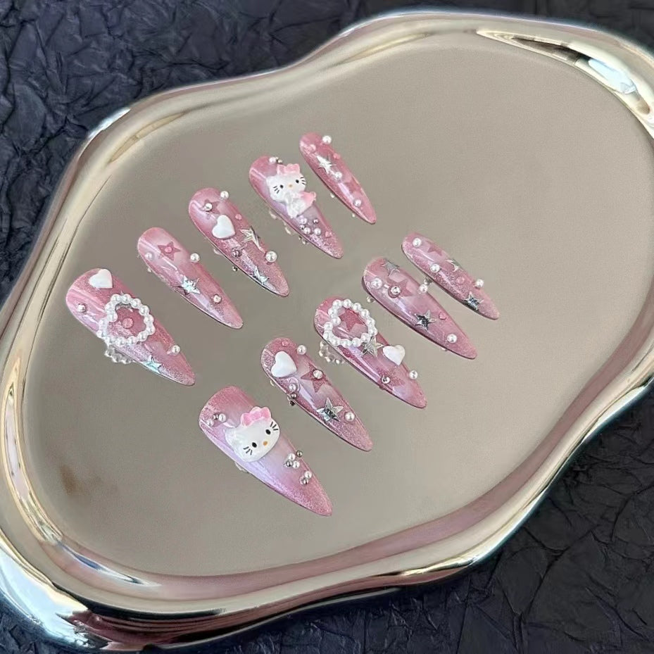 European and American hot girls powder blusher kitty rhinestone k9 diamond handmade customized nail