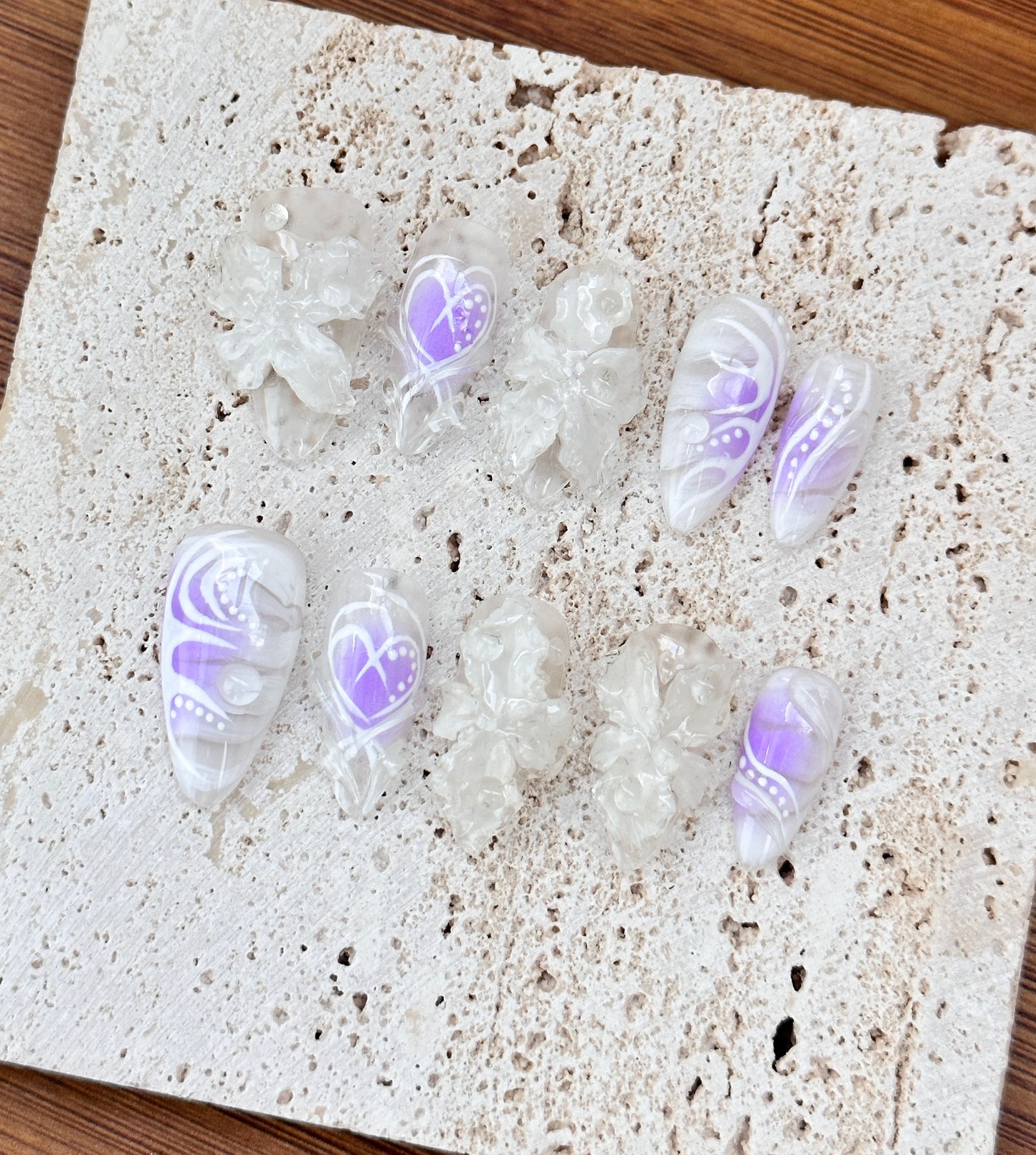 Ethereal 3D Floral Nail Set with Lavender Accents