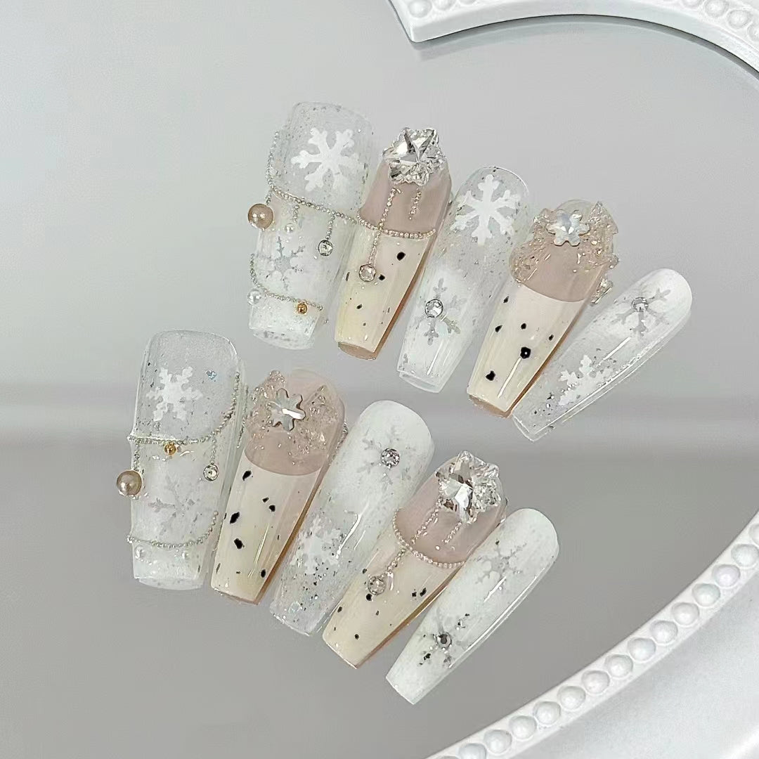Ice transparent nude snowflake handmade nail art, girl heart wearing armor