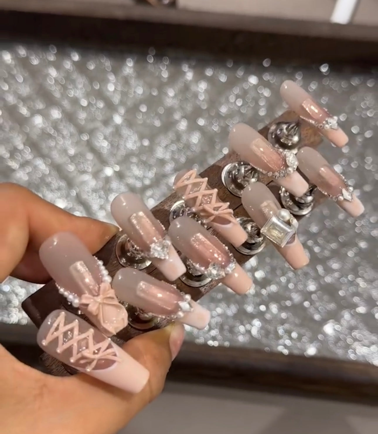 Swarovski pink strap bow nails
