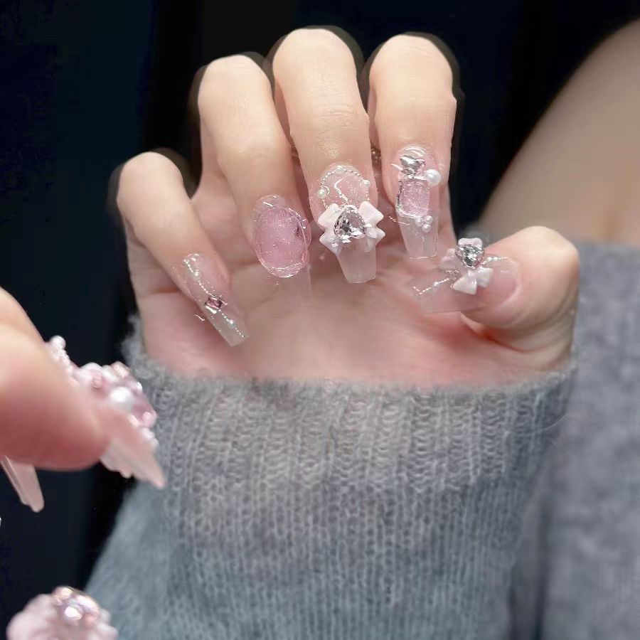 Strawberry crystal | pure hand wear armour steel ball pearl pink powder blusher nail girly bow bottom through diamond flash