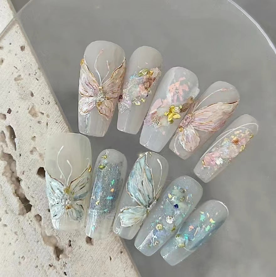 Blue pink nail butterfly sticker 2024 new high-end dopamine 3D relief white liquid
