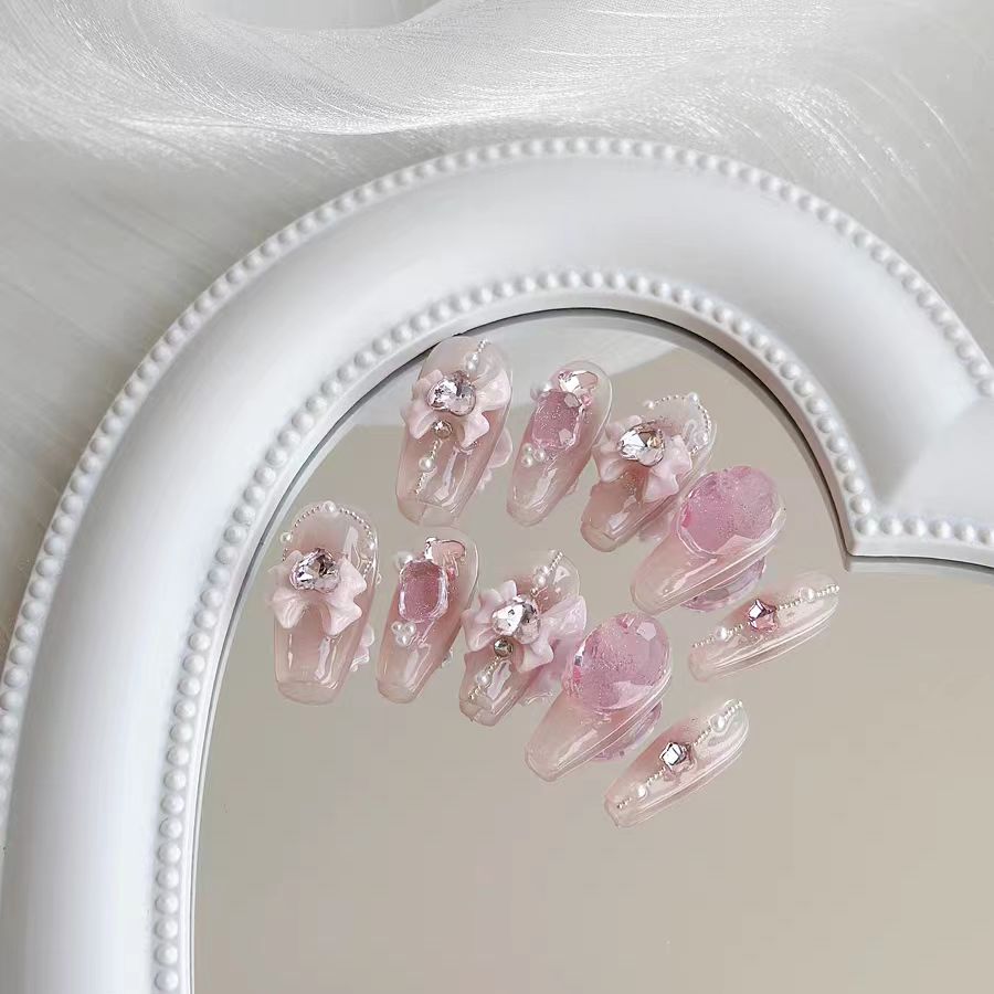 Strawberry crystal | pure hand wear armour steel ball pearl pink powder blusher nail girly bow bottom through diamond flash
