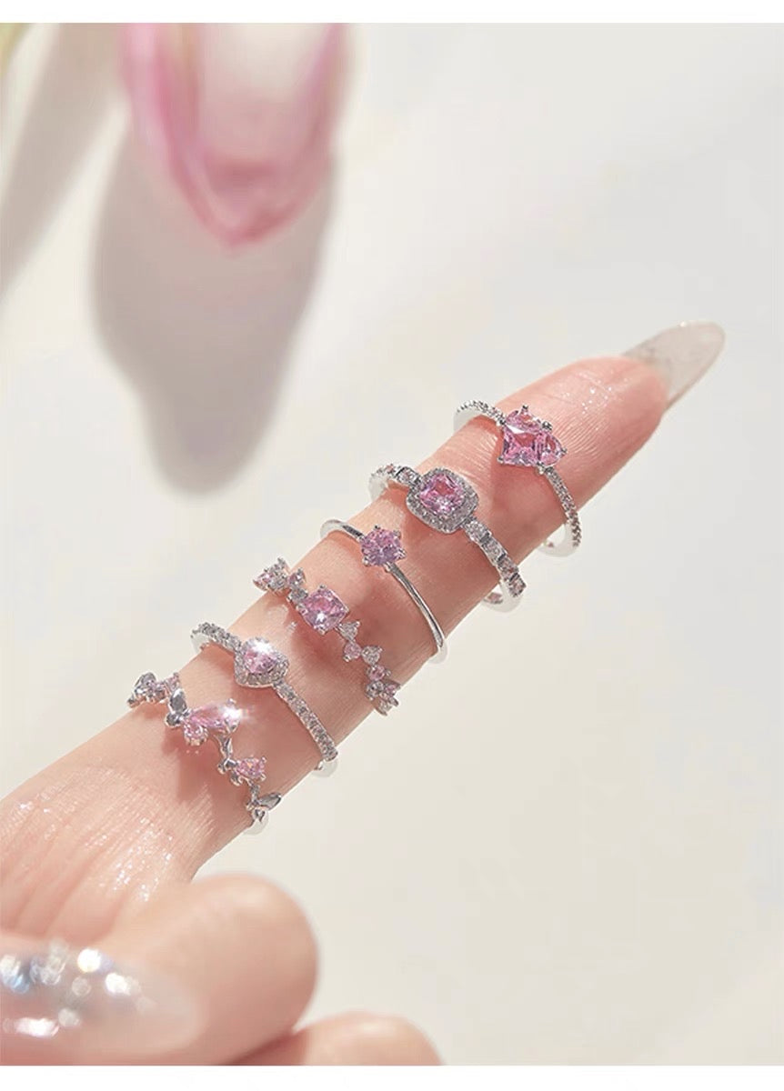 Cherry blossom pink ring six-piece set sweet flash diamond love gemstone butterfly ring