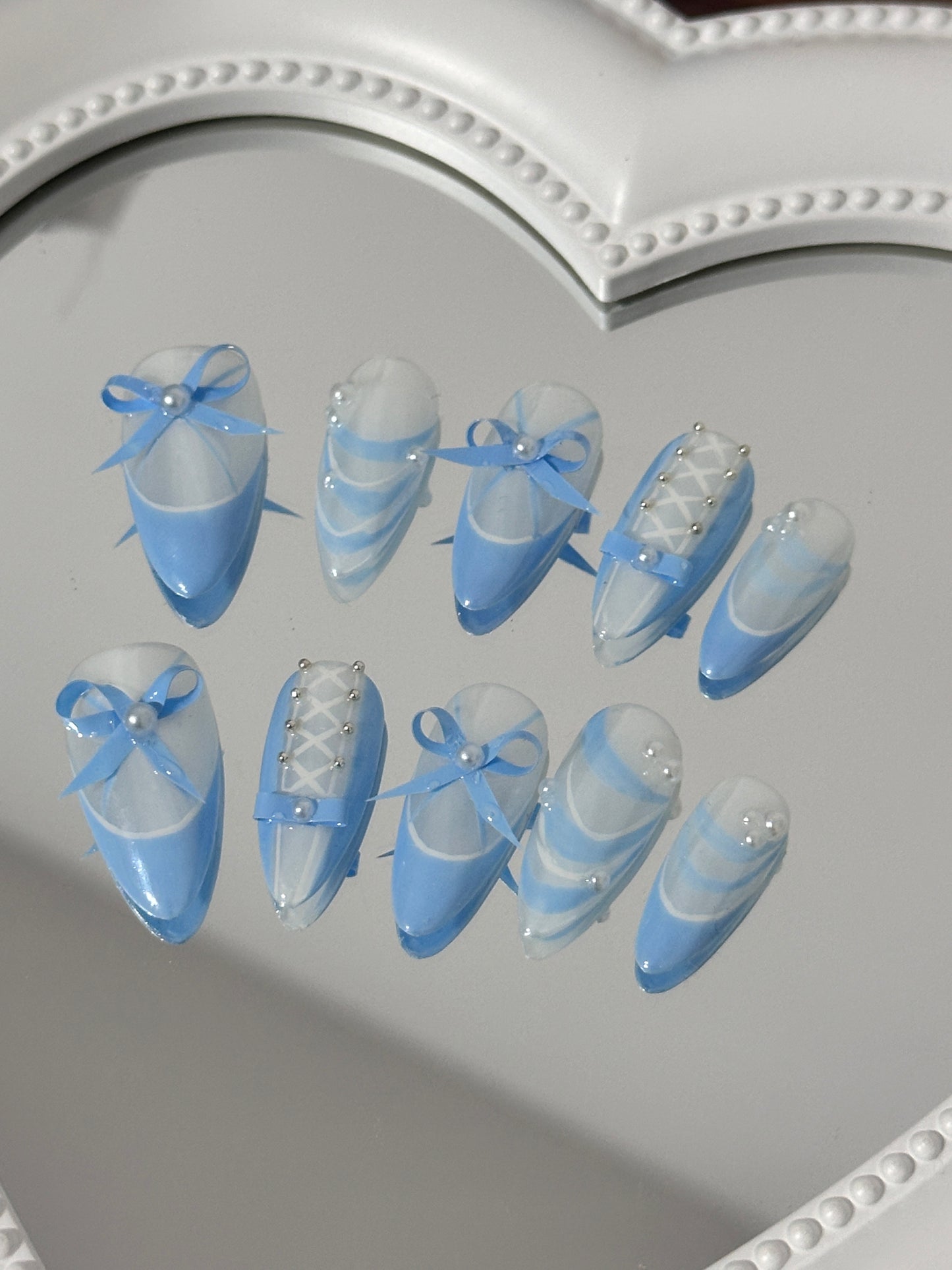 Elegant Ballet-Inspired Blue Ribbon Nail(size M)