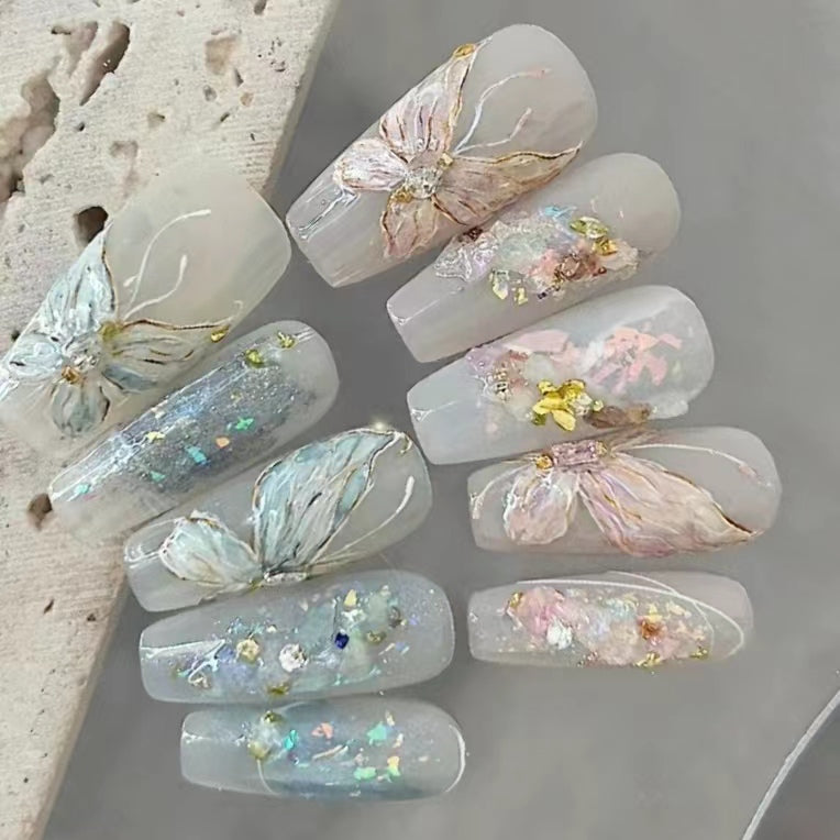 Blue pink nail butterfly sticker 2024 new high-end dopamine 3D relief white liquid