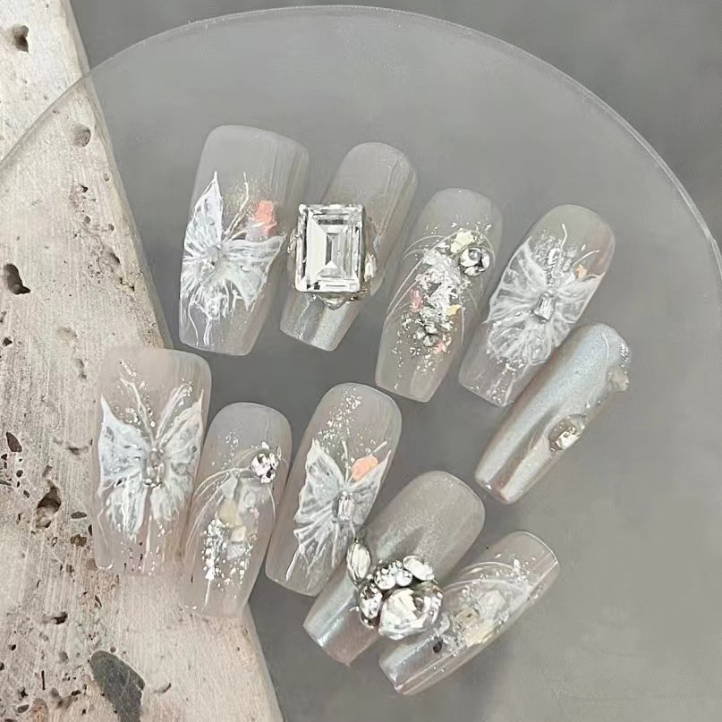 Handdrawn Flower Carving with Transparent Bottom Square Diamond Wearable Nail Art