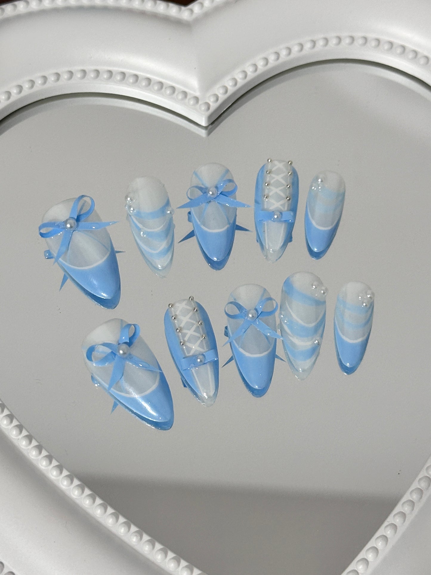 Elegant Ballet-Inspired Blue Ribbon Nail(size M)