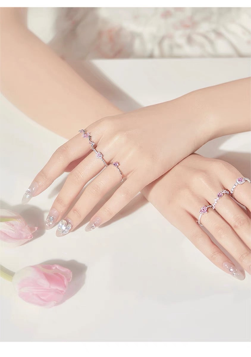 Cherry blossom pink ring six-piece set sweet flash diamond love gemstone butterfly ring